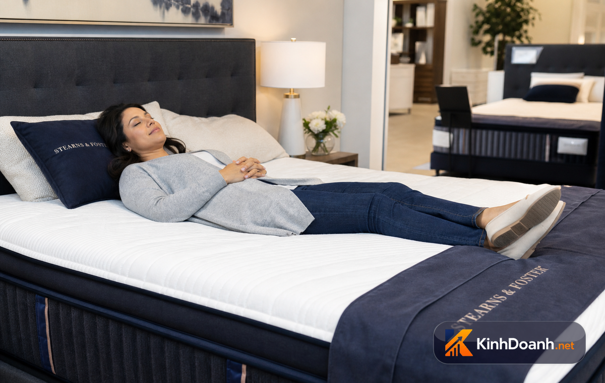 Khách hàng nằm thử nệm tại showroom
