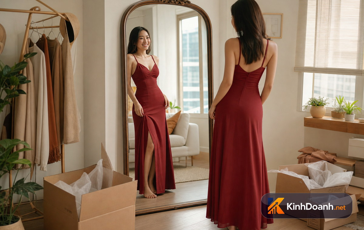Khách hàng nữ ngắm nhìn mình trong gương khi mặc thử đồ