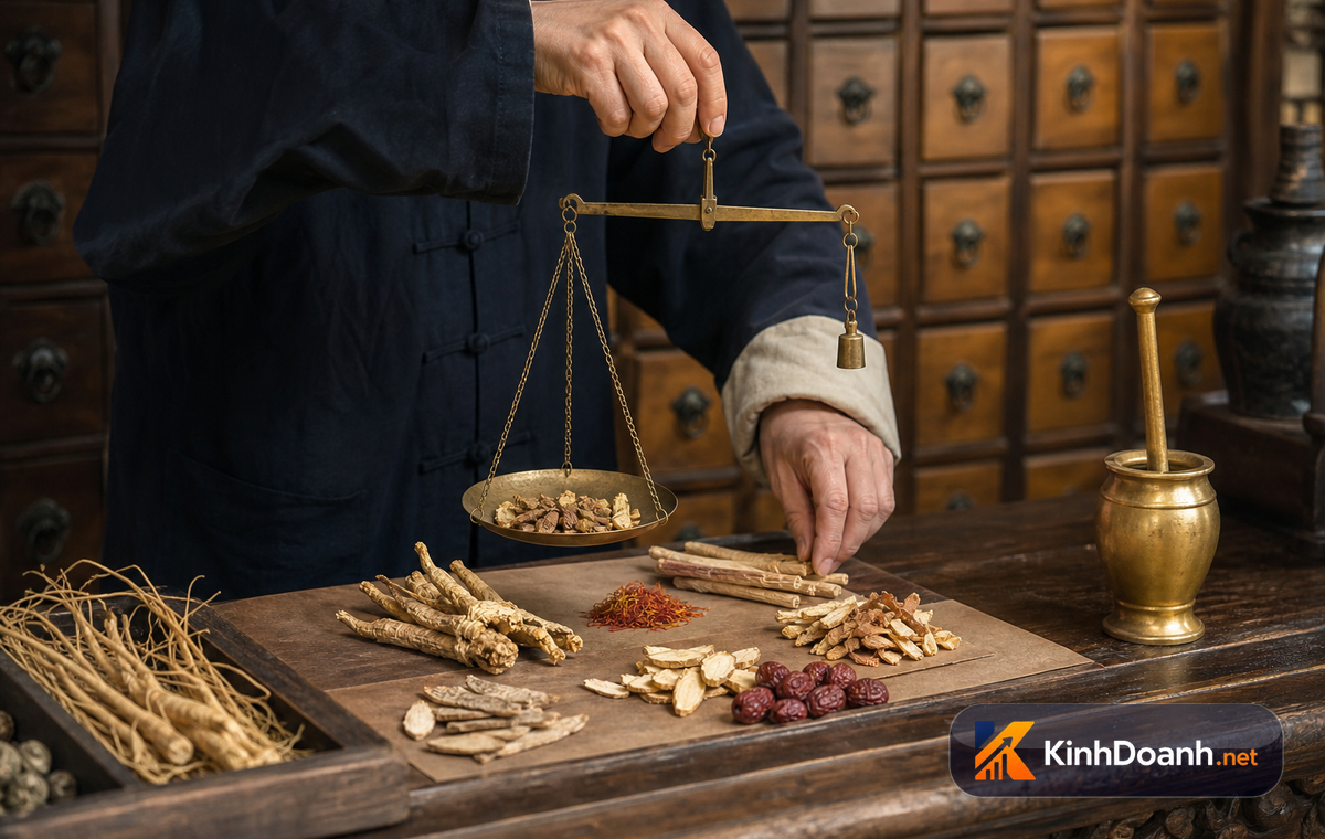 Hiệu thuốc đông y cổ với các ngăn kéo gỗ đựng dược liệu và cân thuốc truyền thống