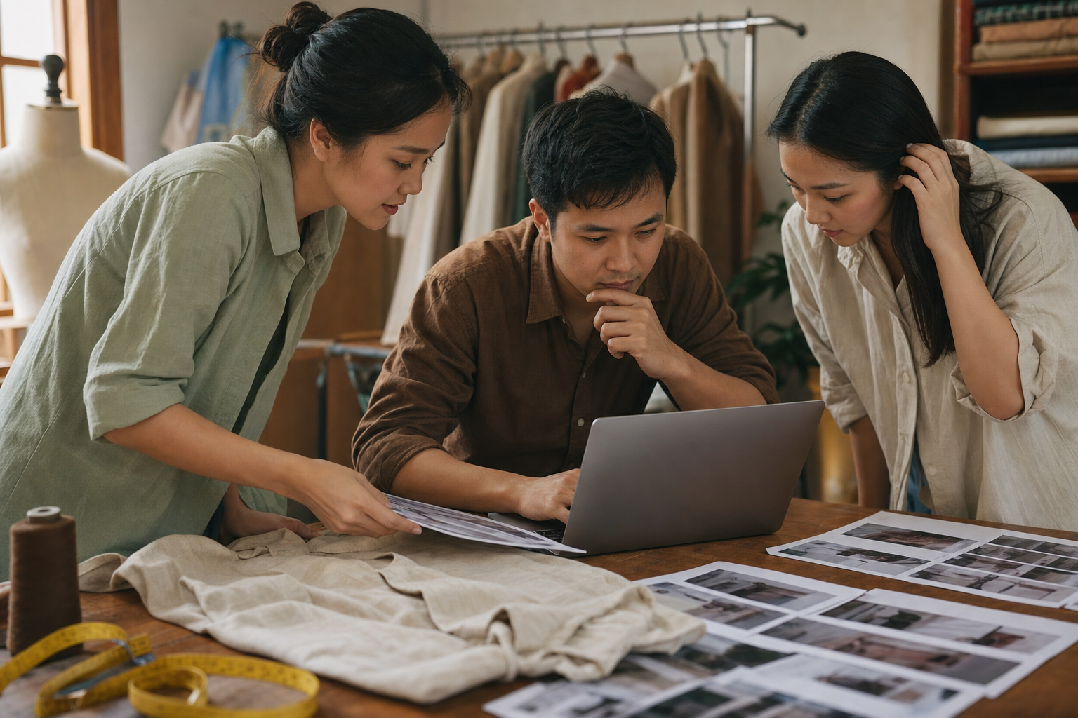 Team shop sắp bộ ảnh sản phẩm trên laptop và ảnh in trước khi đăng