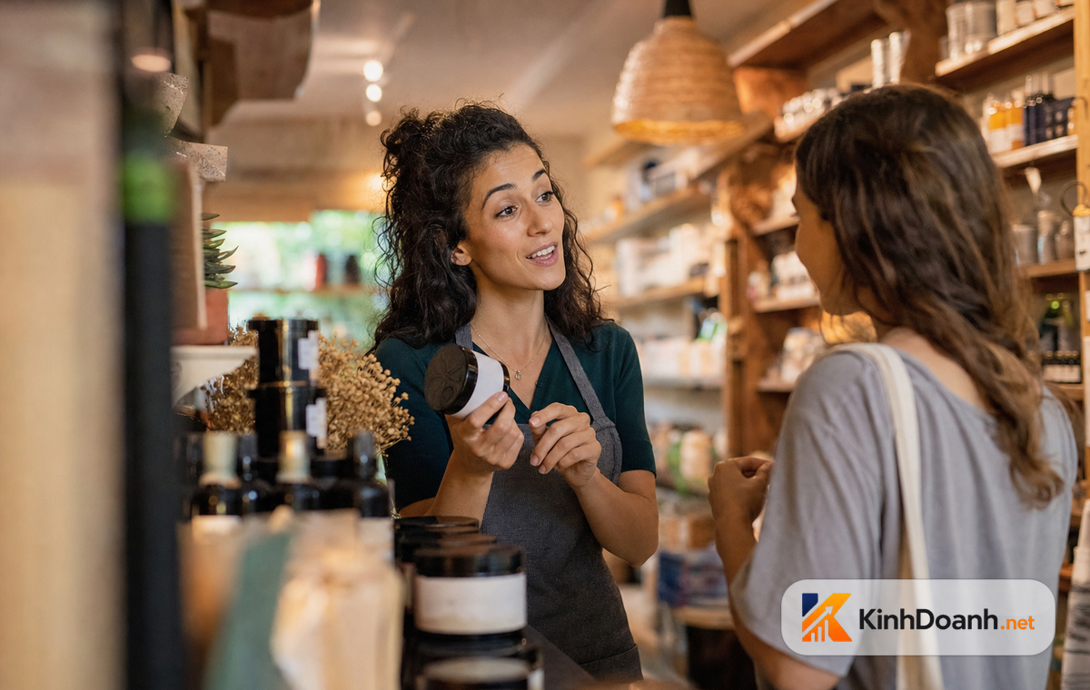 Chủ shop vui vẻ giải thích cho khách lý do nên mua sản phẩm