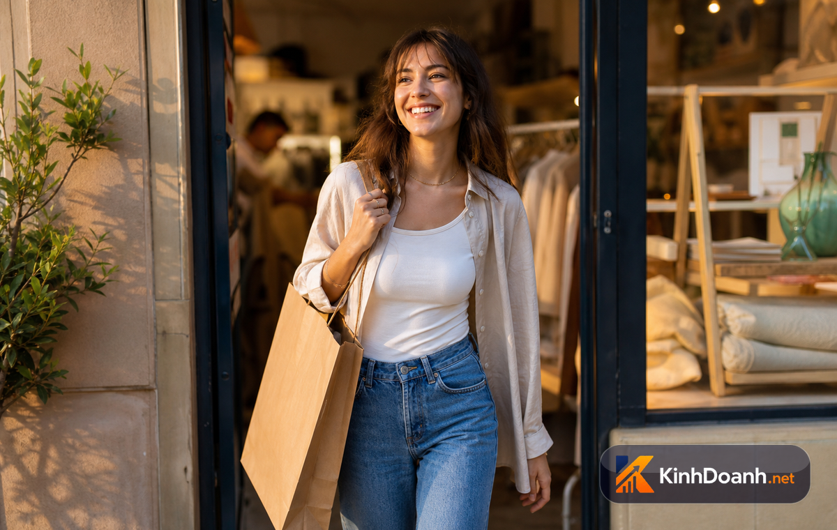 Khách hàng xách túi bước ra khỏi shop với vẻ mặt vui tươi mãn nguyện