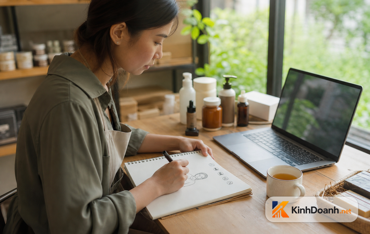 Chủ shop phác họa chân dung khách hàng mục tiêu trên giấy note