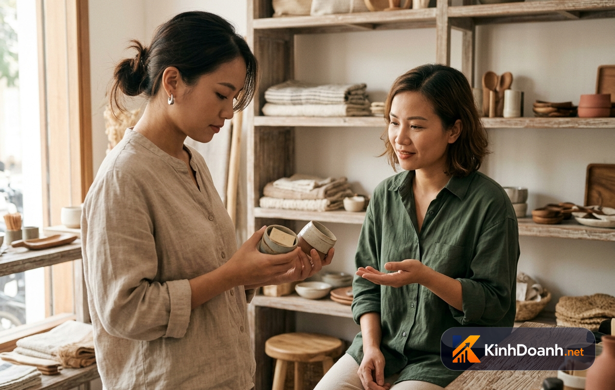 Khách đang so sánh hai phiên bản sản phẩm, người bán lắng nghe và giải thích bình tĩnh trong shop nhỏ