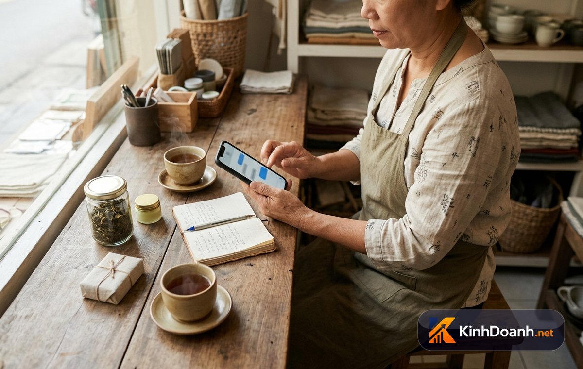 Chủ shop nhỏ trả lời tin nhắn tư vấn trên điện thoại cạnh vài mẫu sản phẩm được sắp gọn