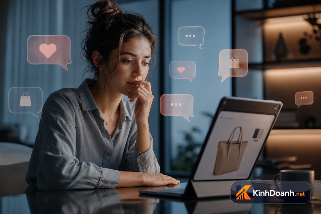 Khách phân vân trước sản phẩm online và bong bóng chat tư vấn