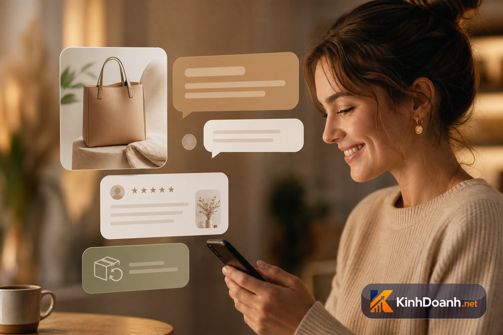 Follow-up inbox thân thiện với ảnh thật feedback và chính sách rõ