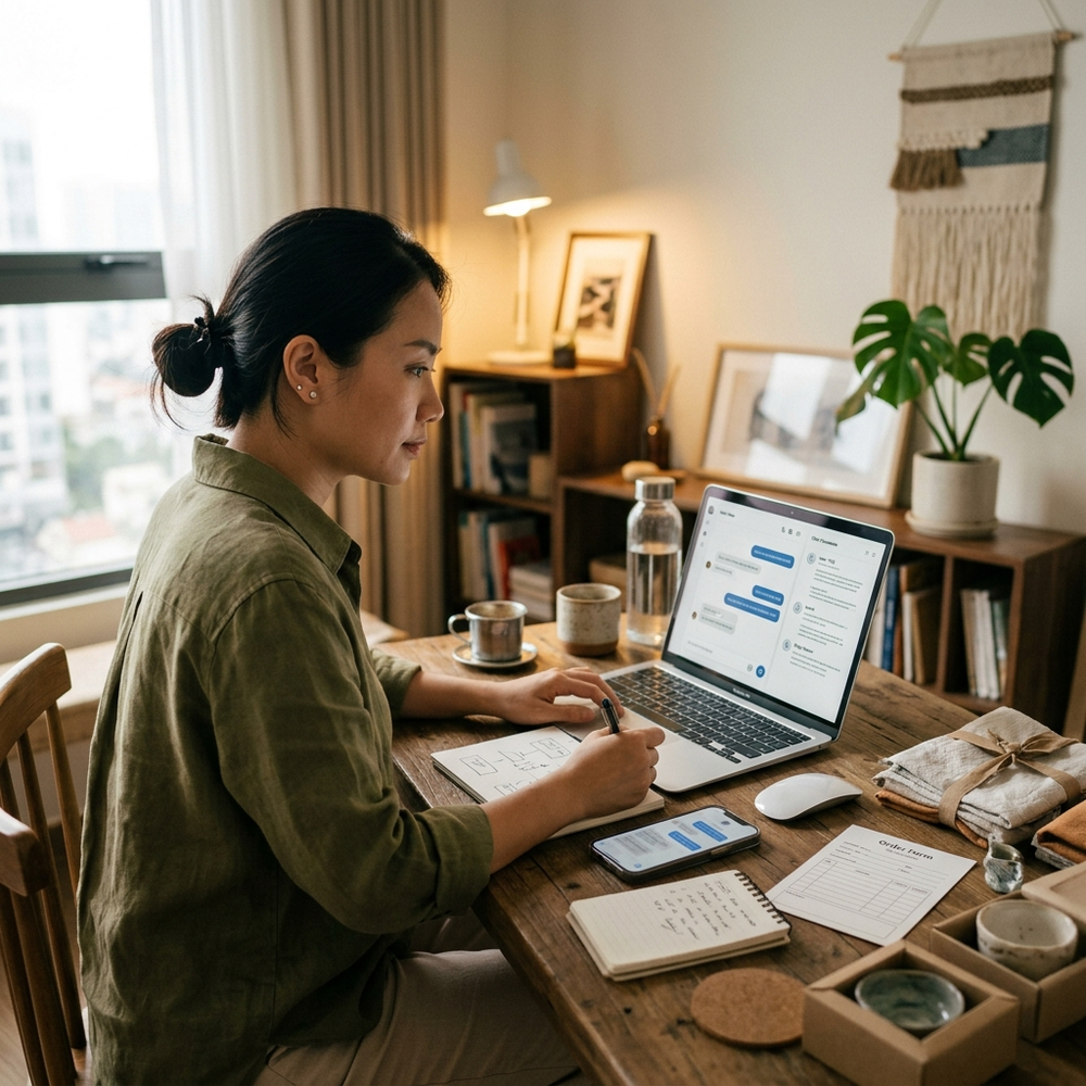 Chủ shop nhỏ chuẩn bị kịch bản chat tư vấn và chốt đơn cho khách online