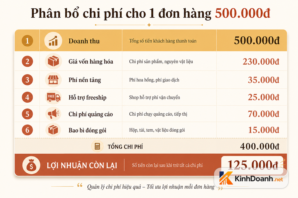 Bảng phân rã đơn hàng 500k cho shop nhỏ