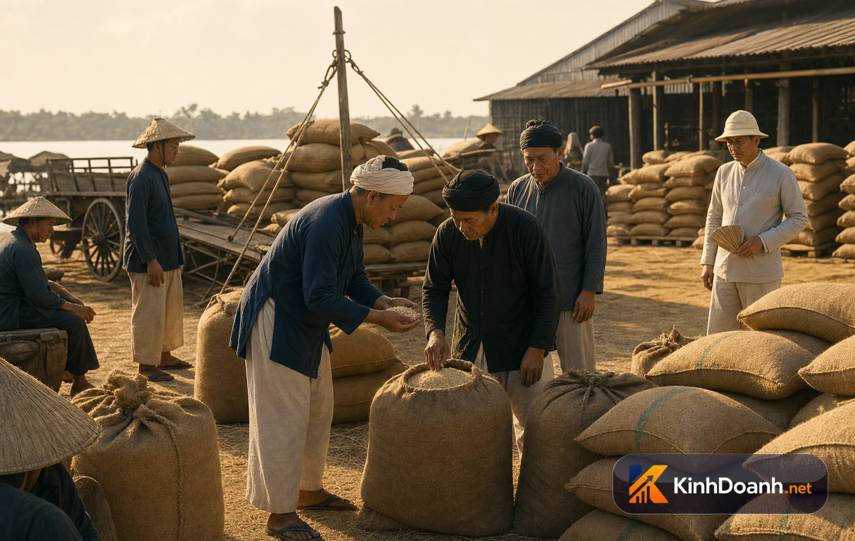 Sân phơi lúa Nam Kỳ xưa với bao hàng và người coi trời