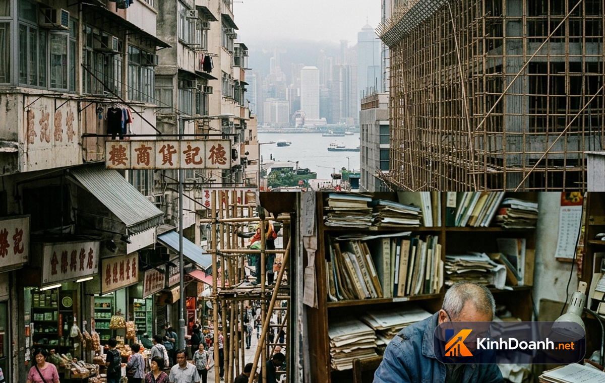 Cảng container Hong Kong với tàu hàng, cần cẩu và sổ chứng từ vận chuyển