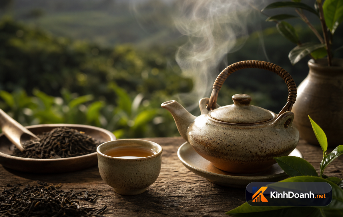Chiếc ấm trà bốc khói trên bàn gỗ tượng trưng cho triết lý trực tiếp từ vườn trà đến bàn ăn