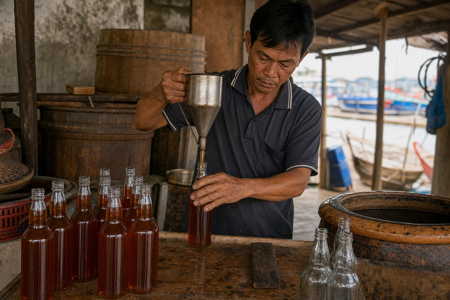 Lò nước mắm Phú Quốc xưa với thùng ủ gỗ, người thợ và ánh nắng biển