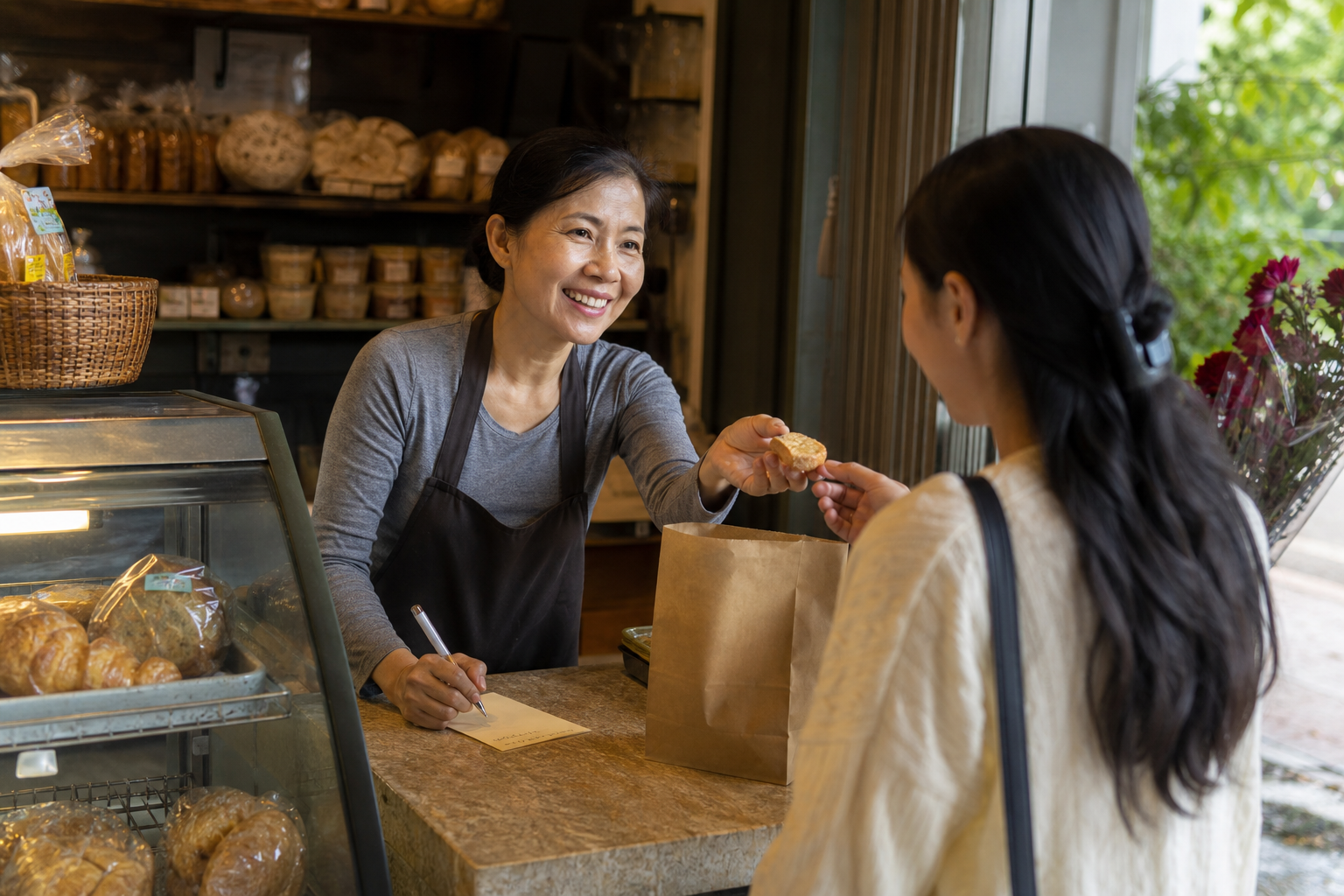 Chủ tiệm bánh gửi phần thử nhỏ và lời nhắn tay cùng đơn cho khách quen