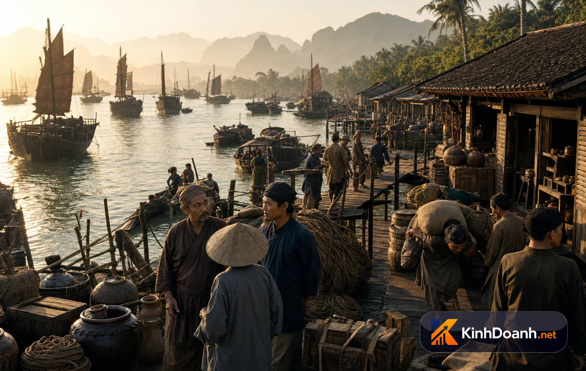 Ghe thuyền và kho hàng ở một thương cảng phương Nam xưa