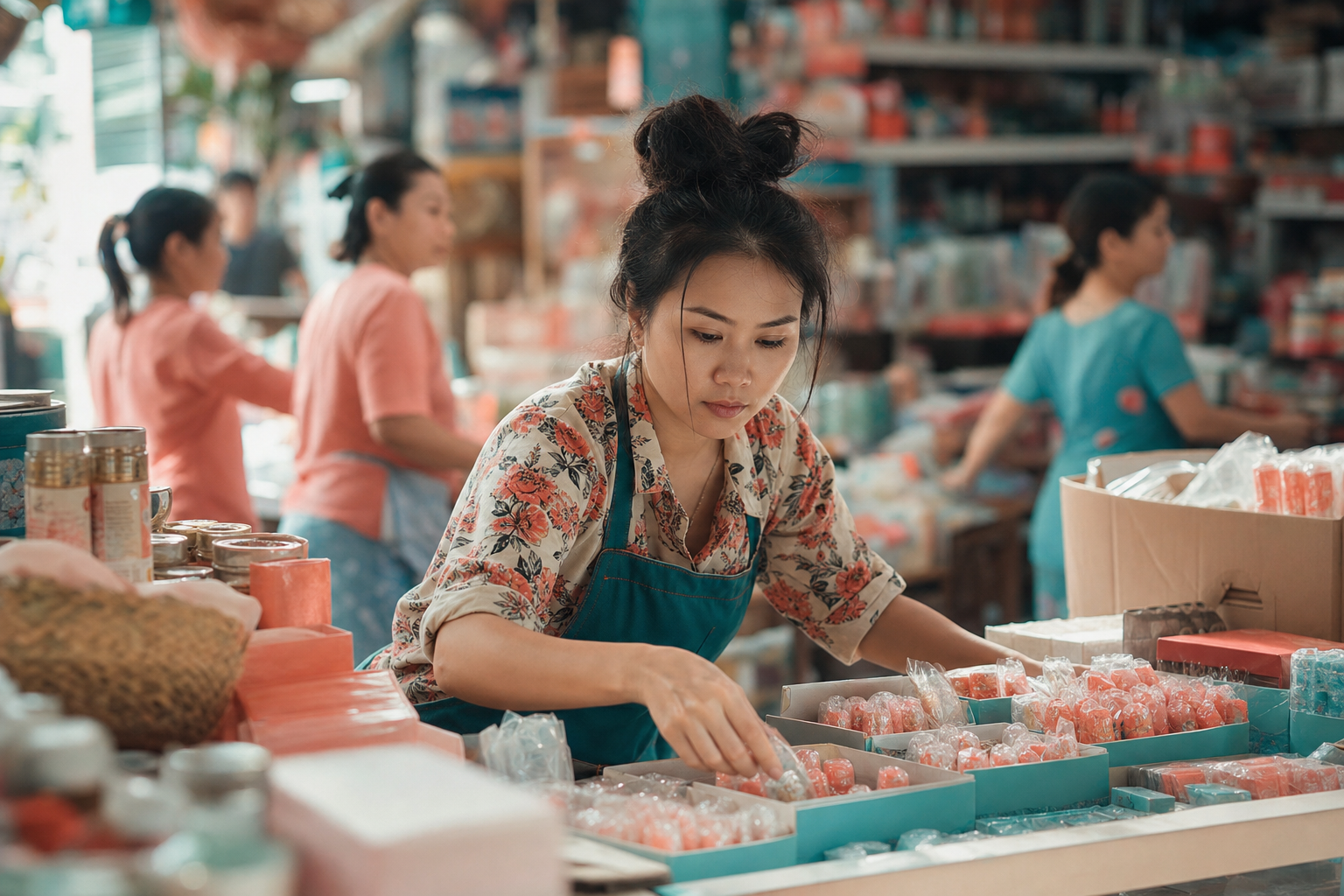 Giữa không gian đóng hàng đông người, chủ shop nhỏ chọn kỹ một sản phẩm đang muốn tập trung