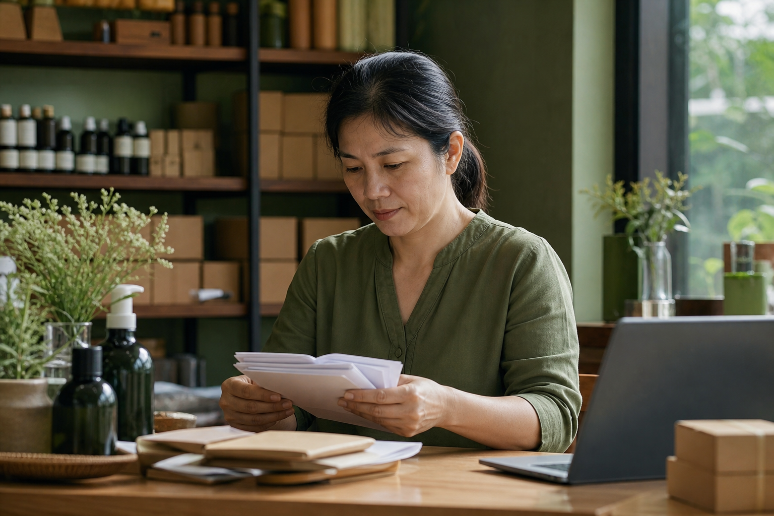 Chủ shop nhỏ xem lại những đơn gần nhất và ghi chú điều cần sửa trên bàn gỗ cuối ngày