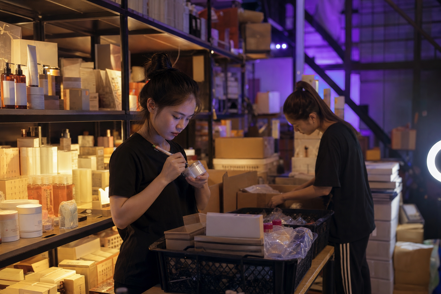 Sau một ca livestream, nhân viên shop kiểm lại sản phẩm thật và khay hàng trước khi mở đơn tiếp