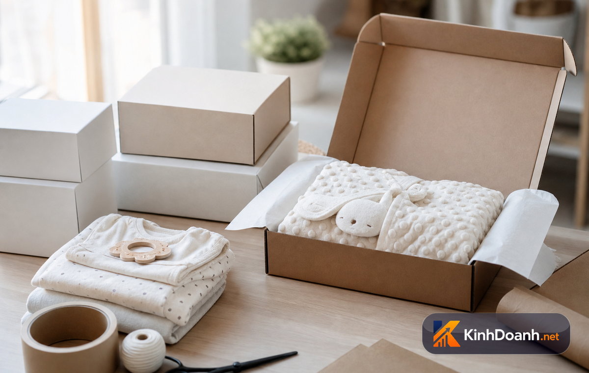 Các sản phẩm mẹ và bé như bỉm, đồ sơ sinh được sắp xếp gọn gàng theo độ tuổi trên kệ