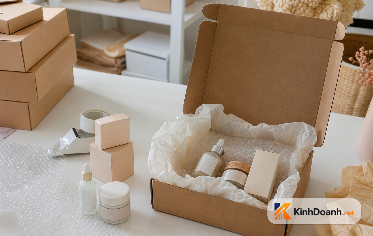 Các sản phẩm skincare xếp gọn trên kệ sáng, minh họa ngành hàng mỹ phẩm online