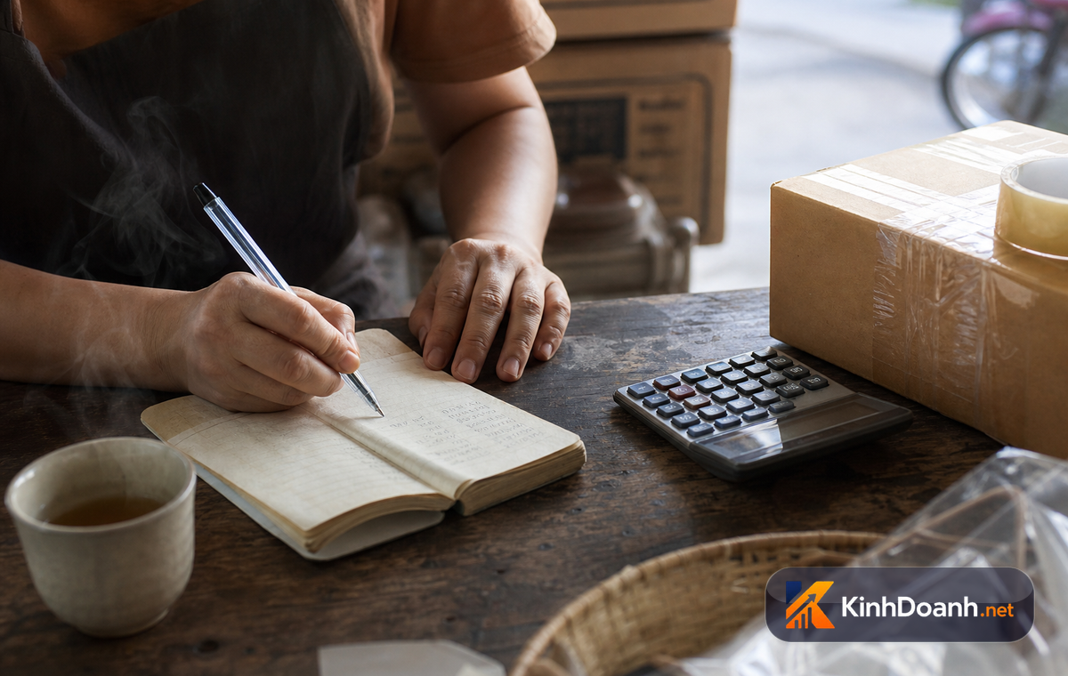 Chủ shop online ngồi một mình bên bàn đóng gói lúc tối muộn trong năm đầu kinh doanh