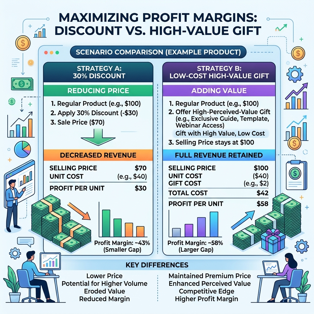 Sơ đồ infographic miêu tả sự khác biệt lợi nhuận giữa việc giảm giá 30% và việc tặng một món quà trị giá cao nhưng chi phí gốc thấp