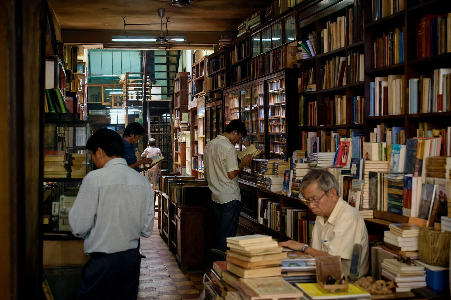 Nhà in và tiệm sách Sài Gòn xưa với thợ sắp chữ, kệ sách và khách đọc
