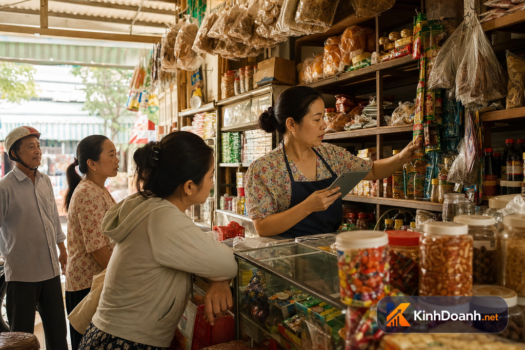 Shop nhỏ thiếu người trong ca đông khách, chủ vừa bán vừa kiểm kho