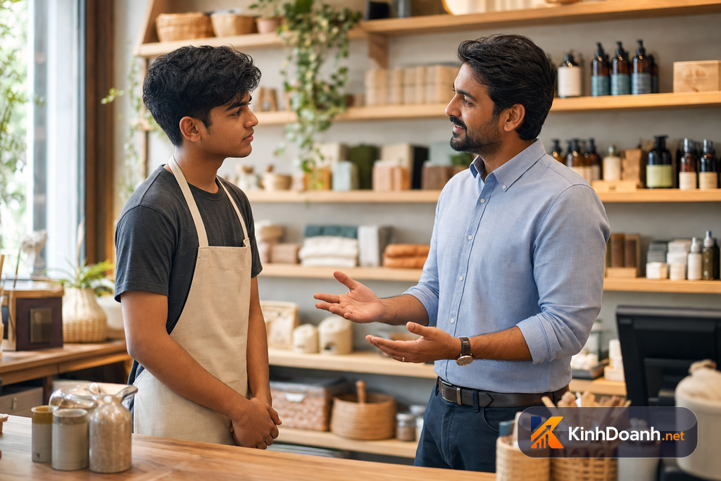 Buổi feedback ngắn giữa chủ shop và nhân viên trẻ trong không khí tôn trọng
