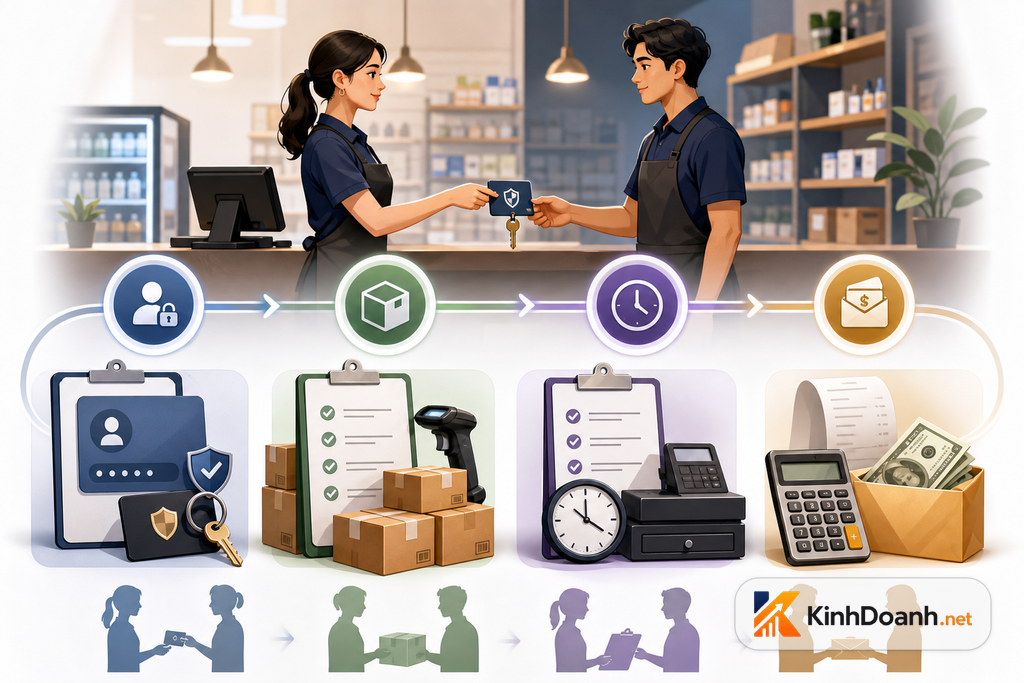 Quy trình bàn giao khi nhân viên nghỉ gồm tài khoản, kiểm hàng, chốt ca và chốt lương