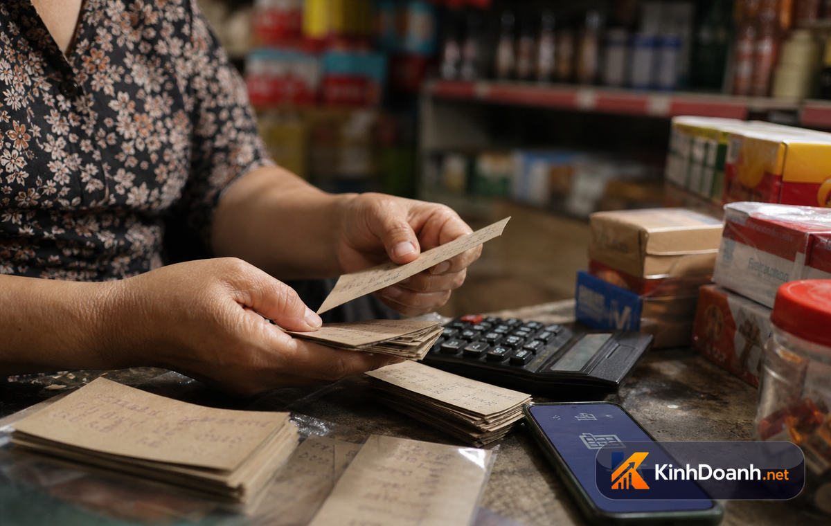 Chủ shop kiểm tra tồn kho và quyết định có nên nhập thêm hàng hay dừng lại