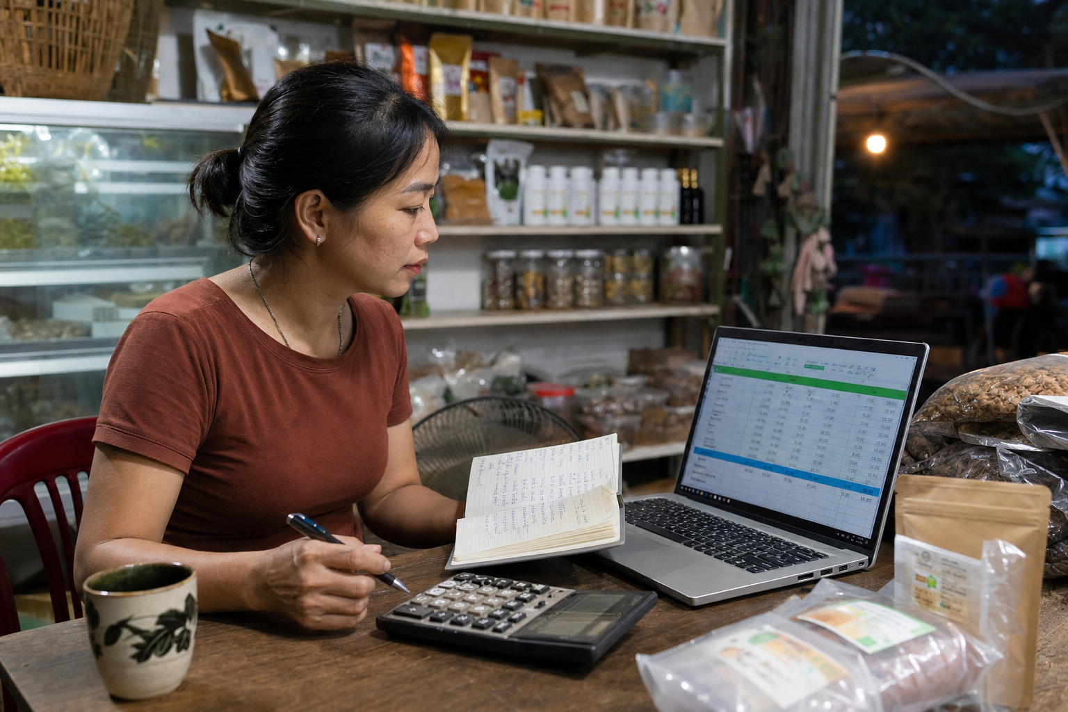 Chủ shop rà sổ lời lỗ và bảng tính đơn hàng bên laptop vào buổi tối