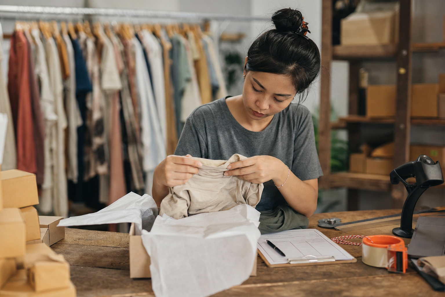 Chủ shop kiểm tra một kiện hàng hoàn, áo đã mở gói và phiếu xử lý đơn