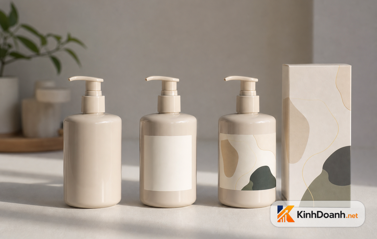 Hàng hóa không nhãn xếp cạnh một sản phẩm có bao bì thương hiệu riêng, minh họa ba nấc phát triển của shop