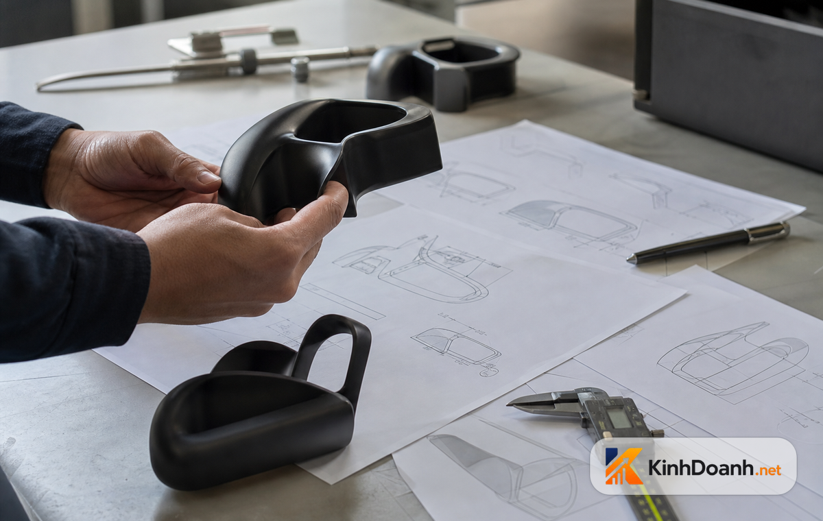 Mẫu sản phẩm và tài liệu kỹ thuật trên bàn làm việc với nhà sản xuất OEM