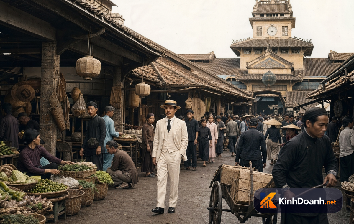 không gian chợ xưa với sạp hàng, mái ngói và người mua bán qua lại