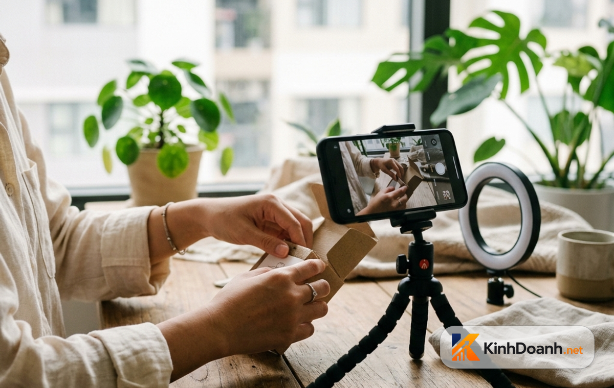 Setup quay video sản phẩm ngắn bằng điện thoại trên chân máy cạnh cửa sổ