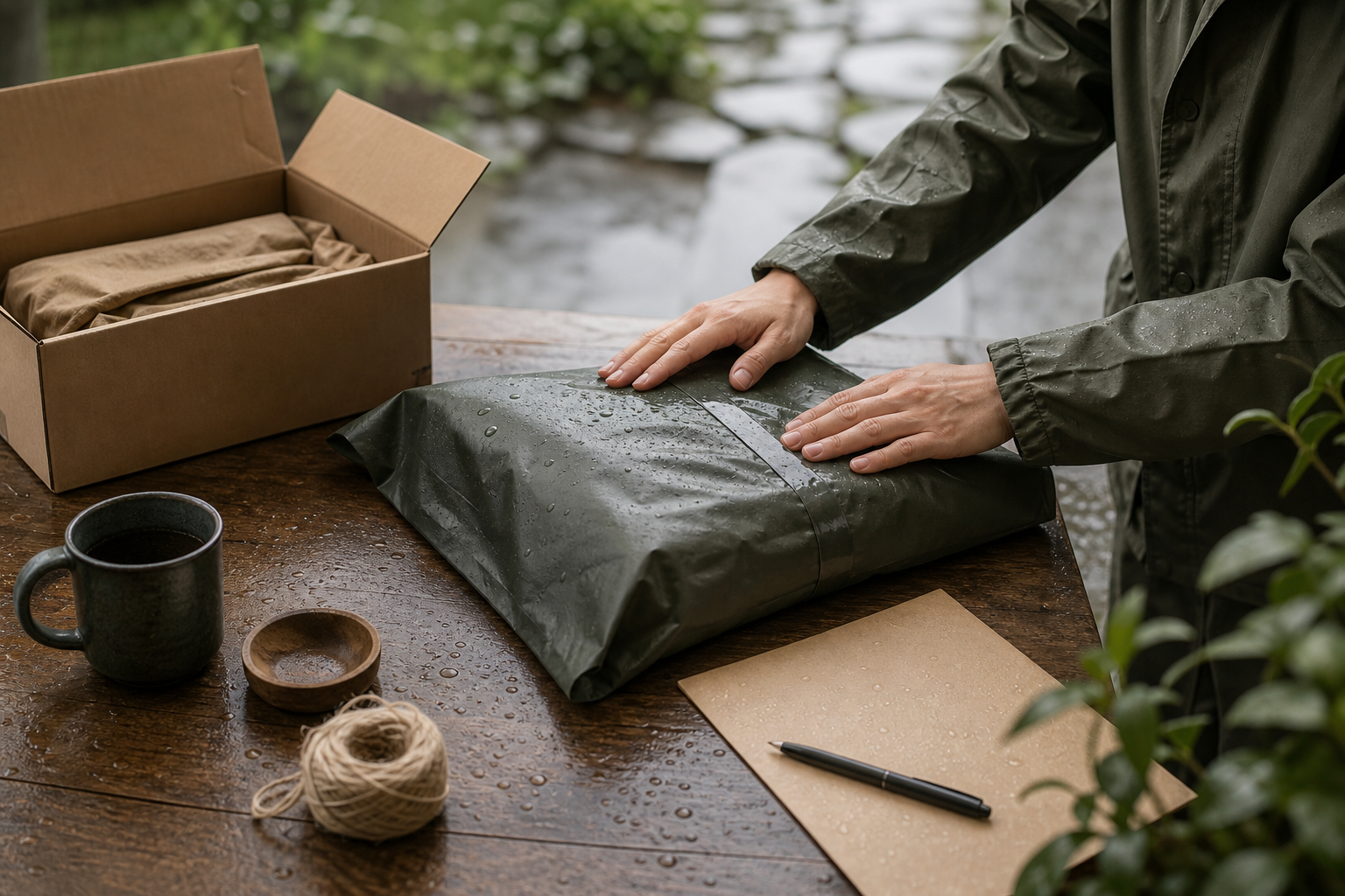 Sau mưa, shop thêm lớp bọc chống thấm cho kiện hàng mới cạnh ghi chú quy trình