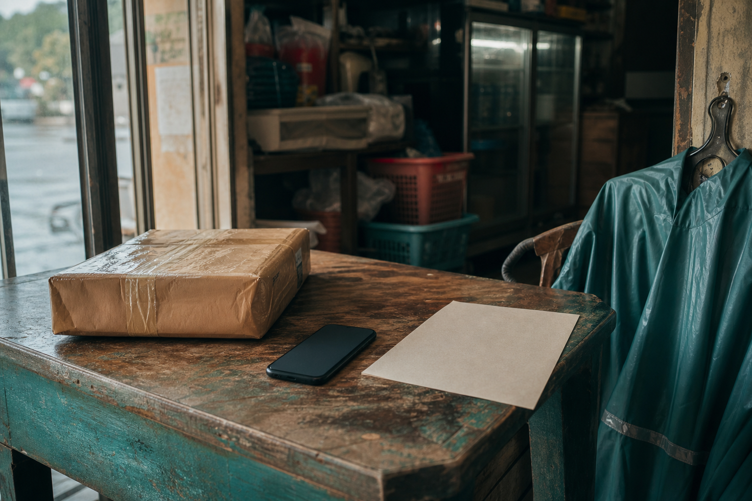 Bàn shop có kiện hàng, điện thoại và mốc cập nhật được chuẩn bị trước trong ngày mưa