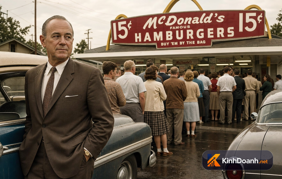 Ray Kroc đứng quan sát dòng người xếp hàng trước cửa hàng McDonald's đầu tiên