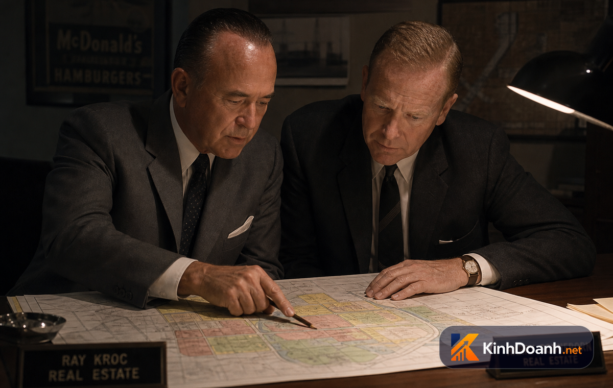 Ray Kroc và Harry Sonneborn đang chỉ tay vào bản đồ quy hoạch bất động sản