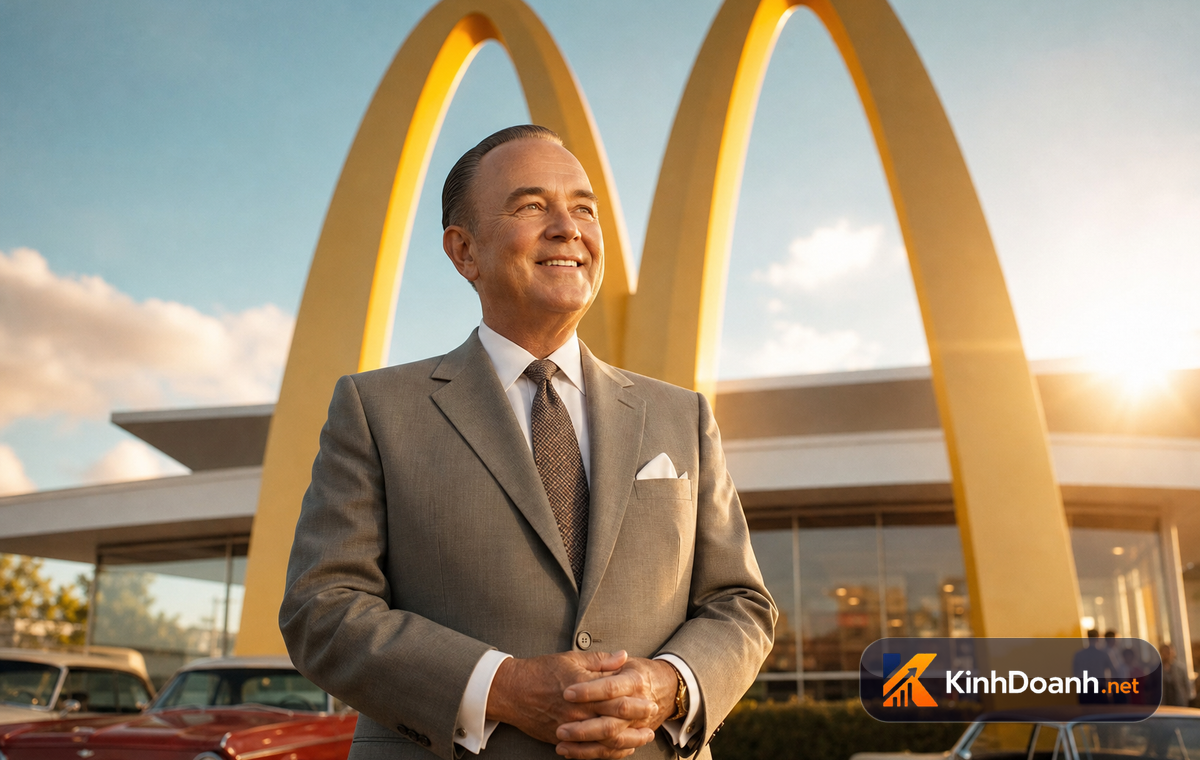 Ray Kroc mỉm cười đắc thắng trước biểu tượng chữ M vàng rực của McDonald's