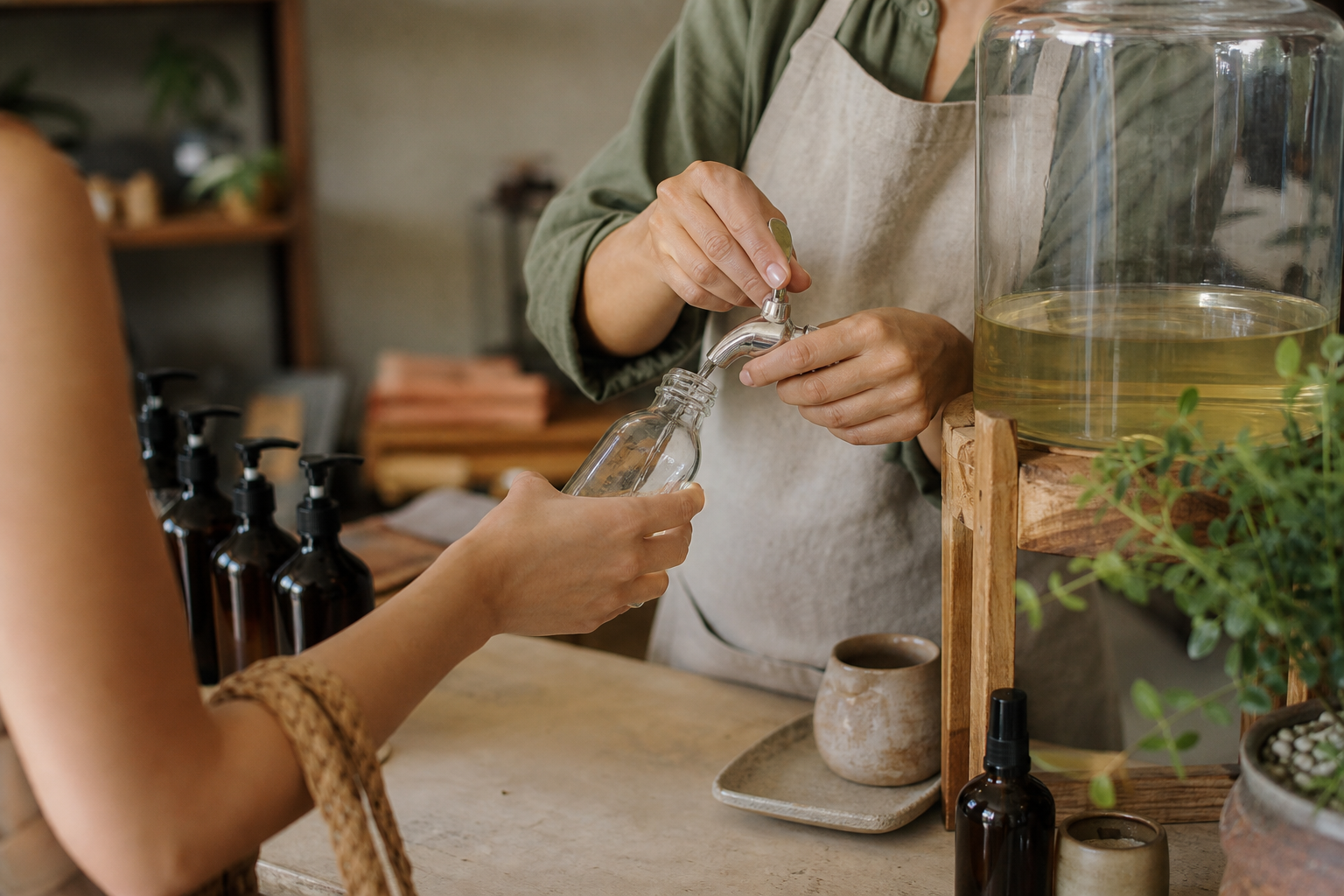 Tay khách mang chai rỗng tới quầy nhỏ để châm lại
