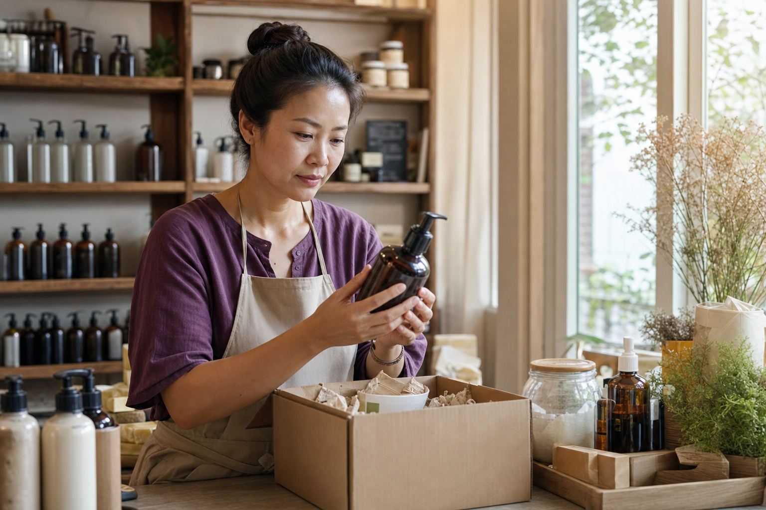 Chủ shop nhỏ kiểm một chai khách mang lại bên cửa sổ buổi sáng