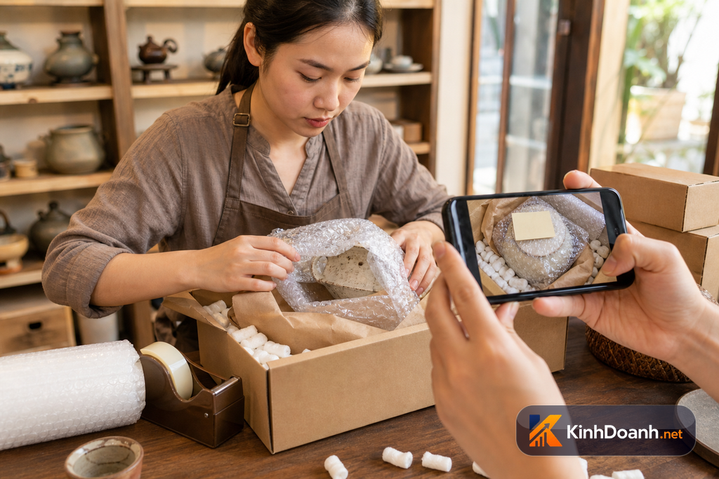 Nhân viên shop đóng gói hàng dễ vỡ với vật liệu bảo vệ và ảnh kiểm đơn