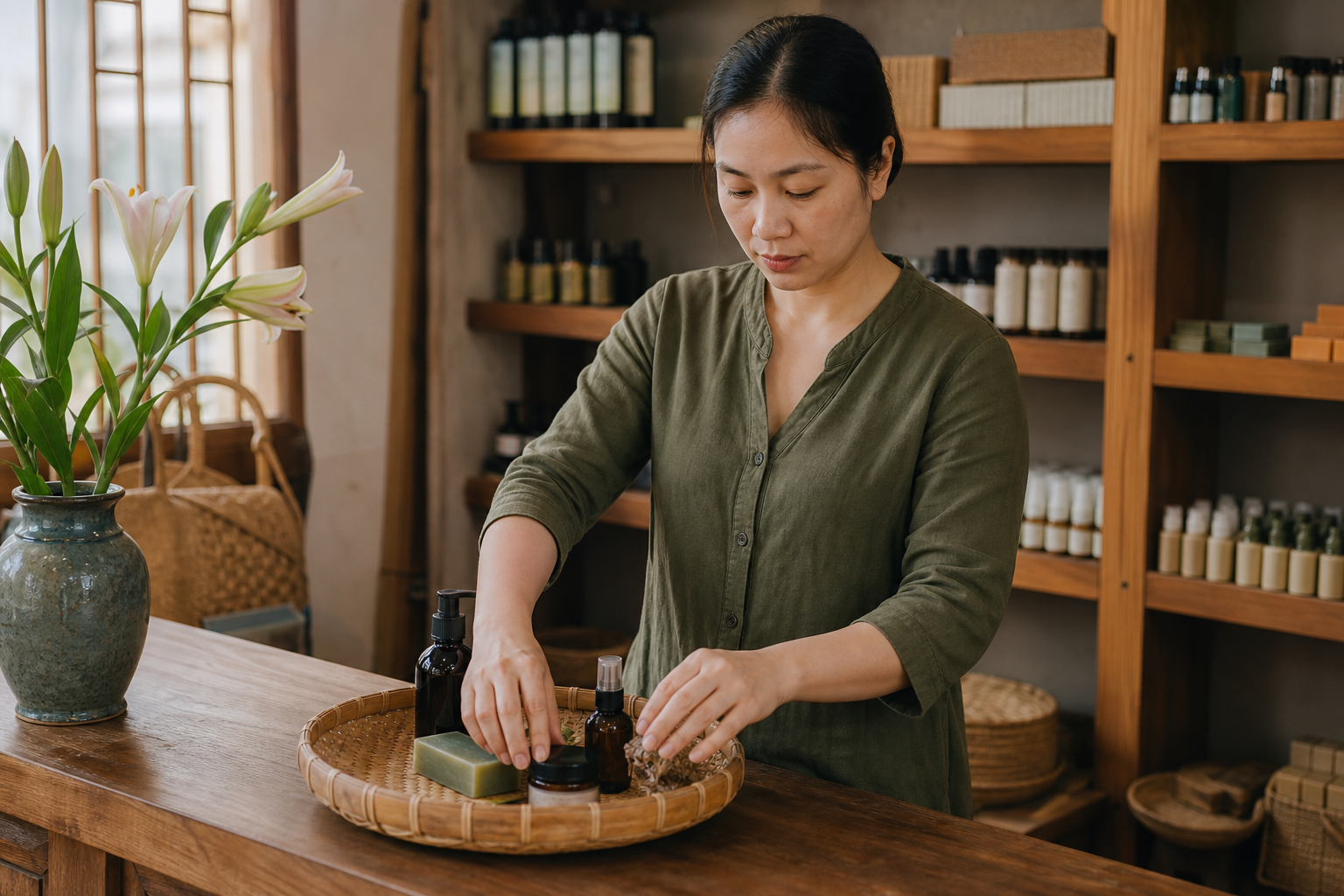 Chủ shop chọn vài SKU đã chuẩn bị kỹ vào khay campaign, các món khác vẫn ở lại trên kệ