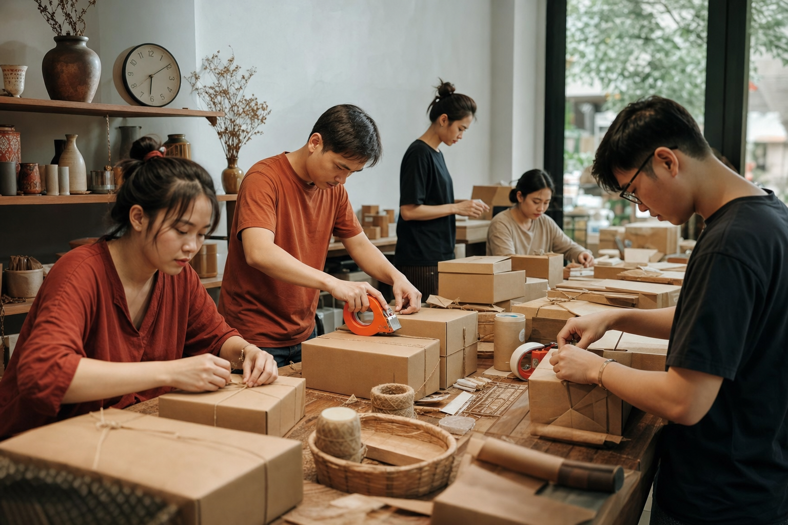 Team shop phối hợp đóng hàng quanh bàn xử lý đơn trong nhịp sale cao điểm