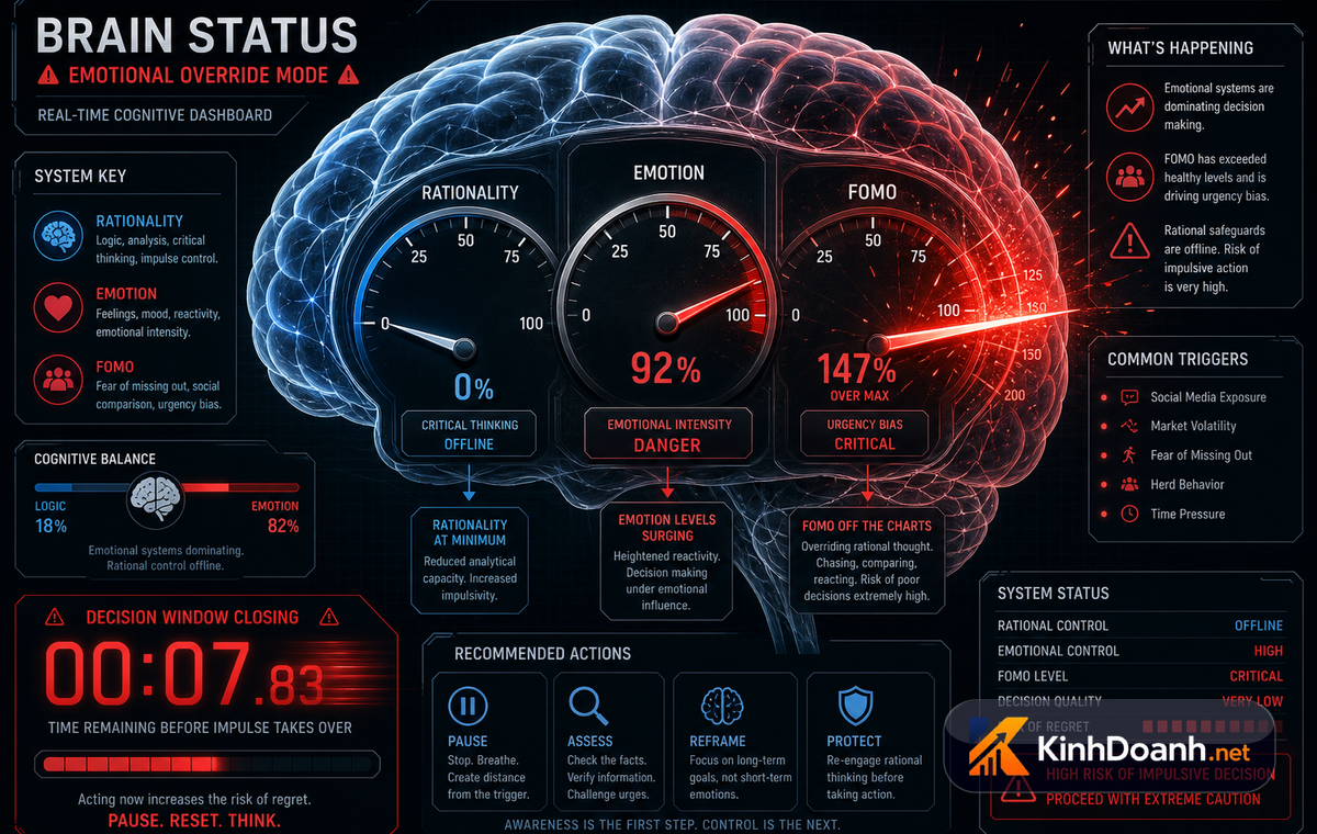 Sơ đồ infographic miêu tả sự sụt giảm của lý trí tỷ lệ nghịch với sự tăng lên của cảm xúc FOMO trong một phiên livestream đếm ngược