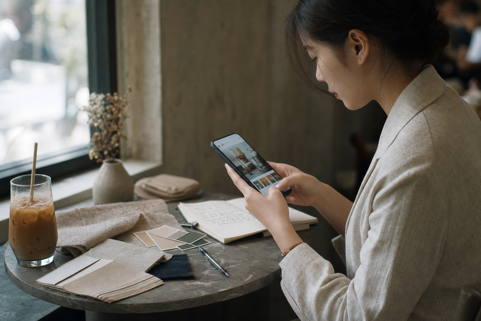Khách lưu một bài phối sản phẩm rồi cân nhắc chất liệu, màu và ghi chú mua sắm