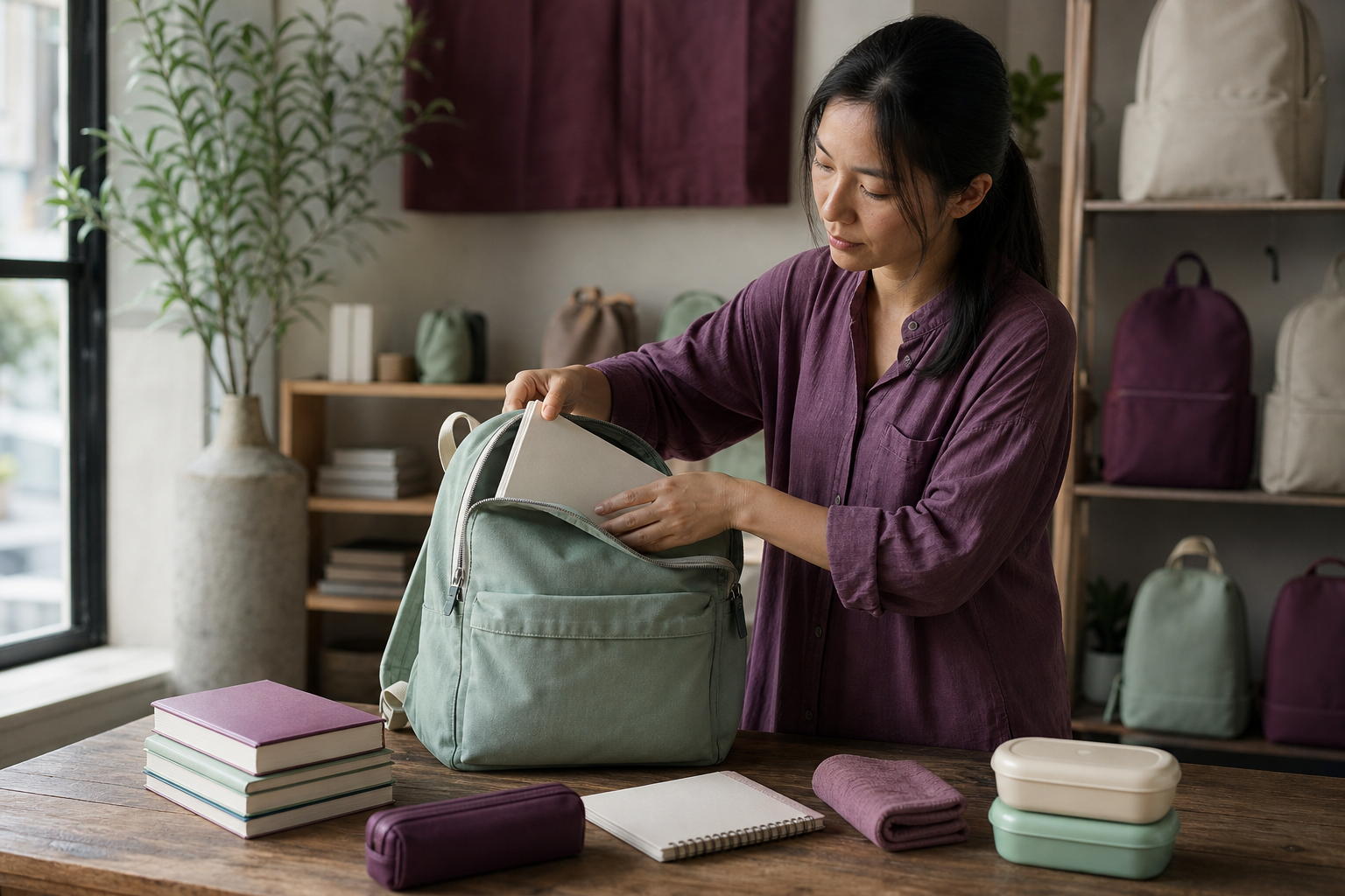 Chủ shop thử sức chứa và sắp một bộ đồ đi học vừa phải trên bàn làm việc